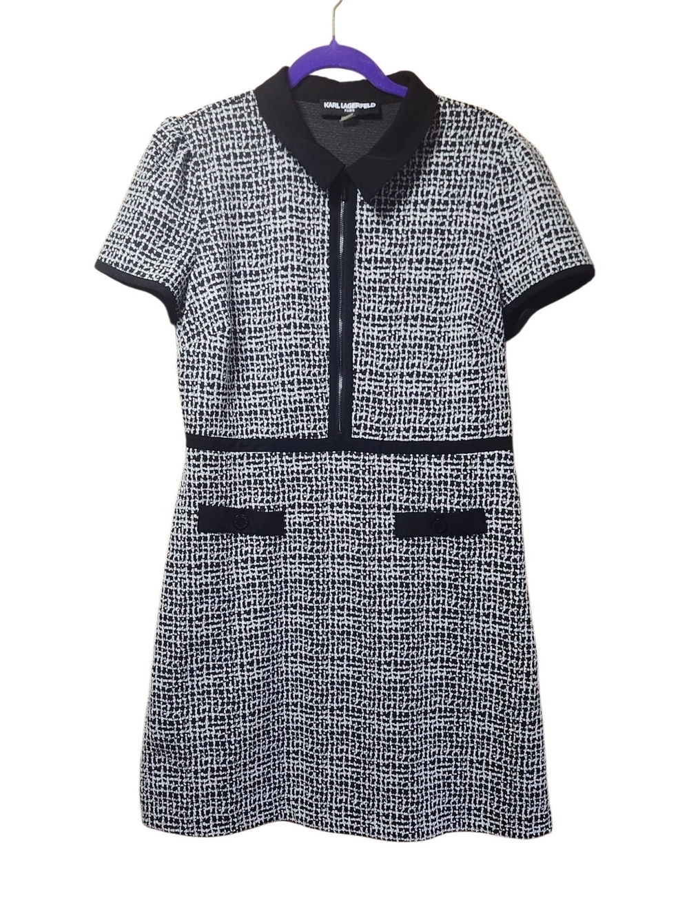 Karl Lagerfeld Black and White Textured Short-Sleeve Dress
